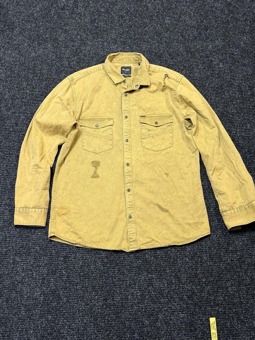 ONLY & SONS Mens Regular Fit Distressed Long Sleeve Shirt Mustard Medium Grunge
